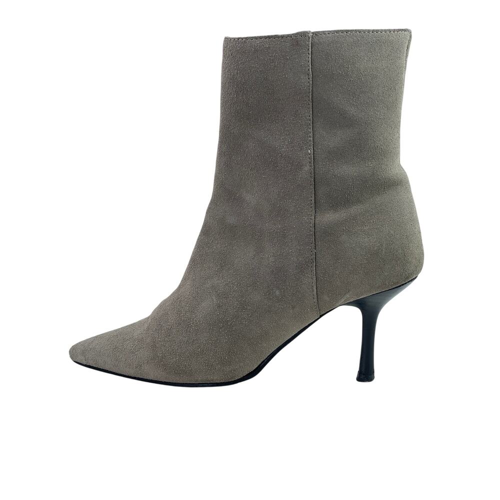Fitzwell Womens Gray Suede Leather Pointed Toe Kitten Heels Zip Ankle Boots 7